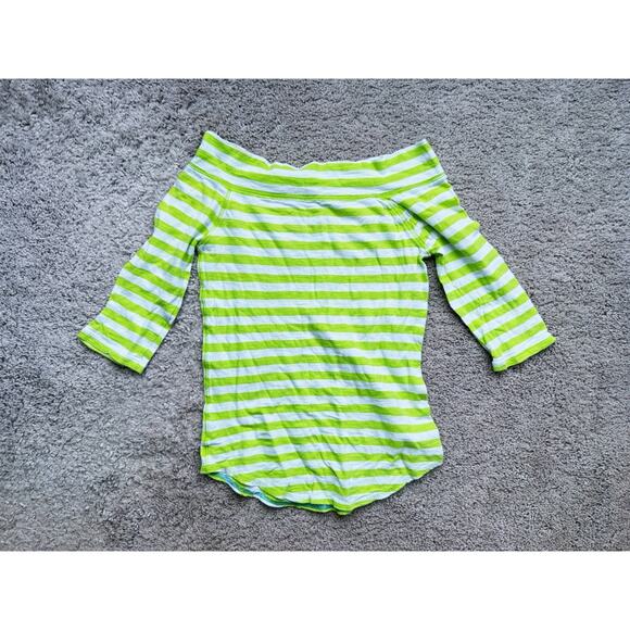 American Eagle Y2K Striped Off Shoulder Quarter Sleeve Tee Green White Small 90s - Picture 3 of 6